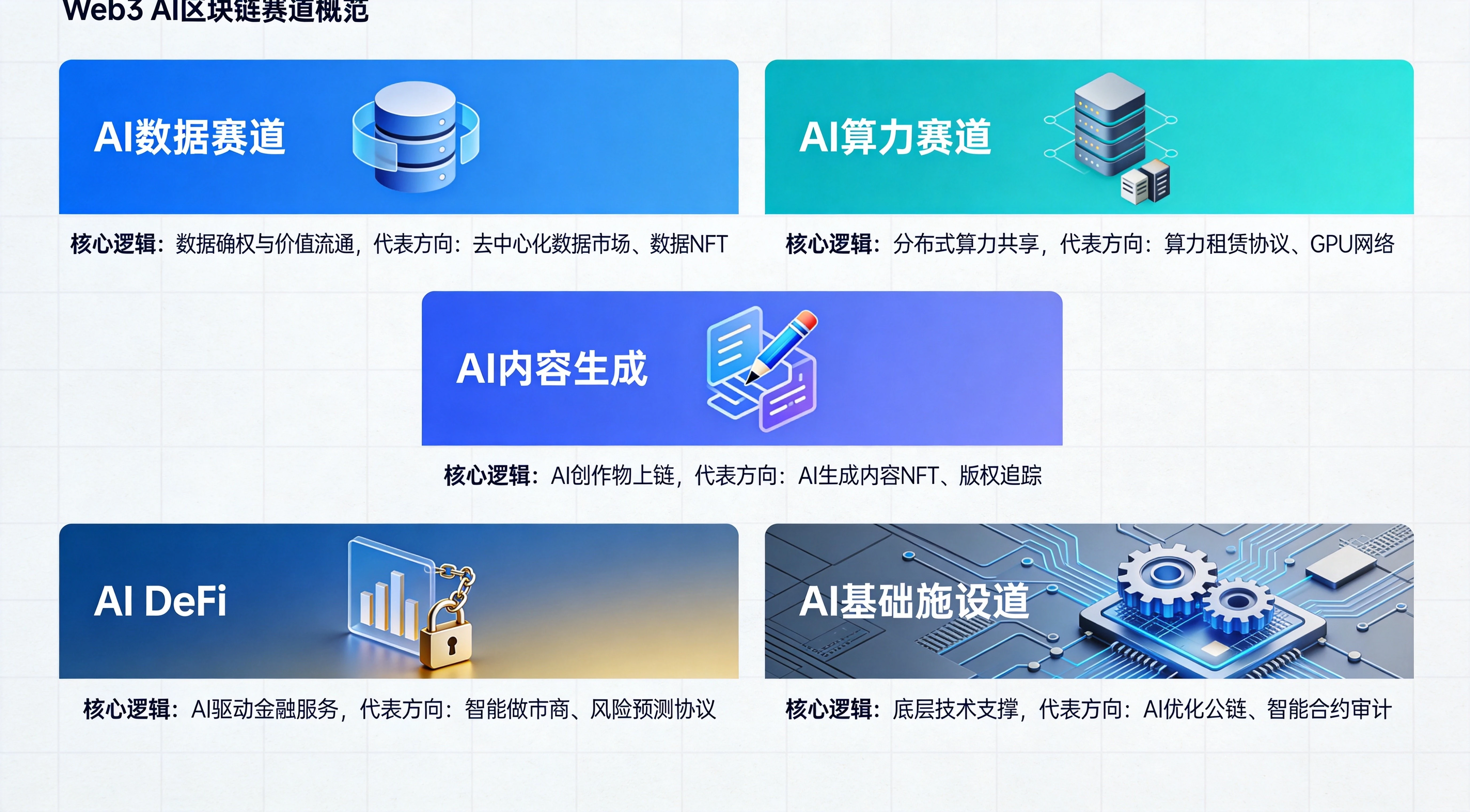 五大AI区块链赛道核心逻辑总览图,清晰呈现AI数据、AI算力、AI内容生成、AI DeFi、AI基础设施五个赛道的核心逻辑与代表方向,帮助读者快速建立对赛道整体认知 五大AI区块链赛道核心逻辑总览图,清晰呈现AI数据、AI算力、AI内容生成、AI DeFi、AI基础设施五个赛道的核心逻辑与代表方向,帮助读者快速建立对赛道整体认知