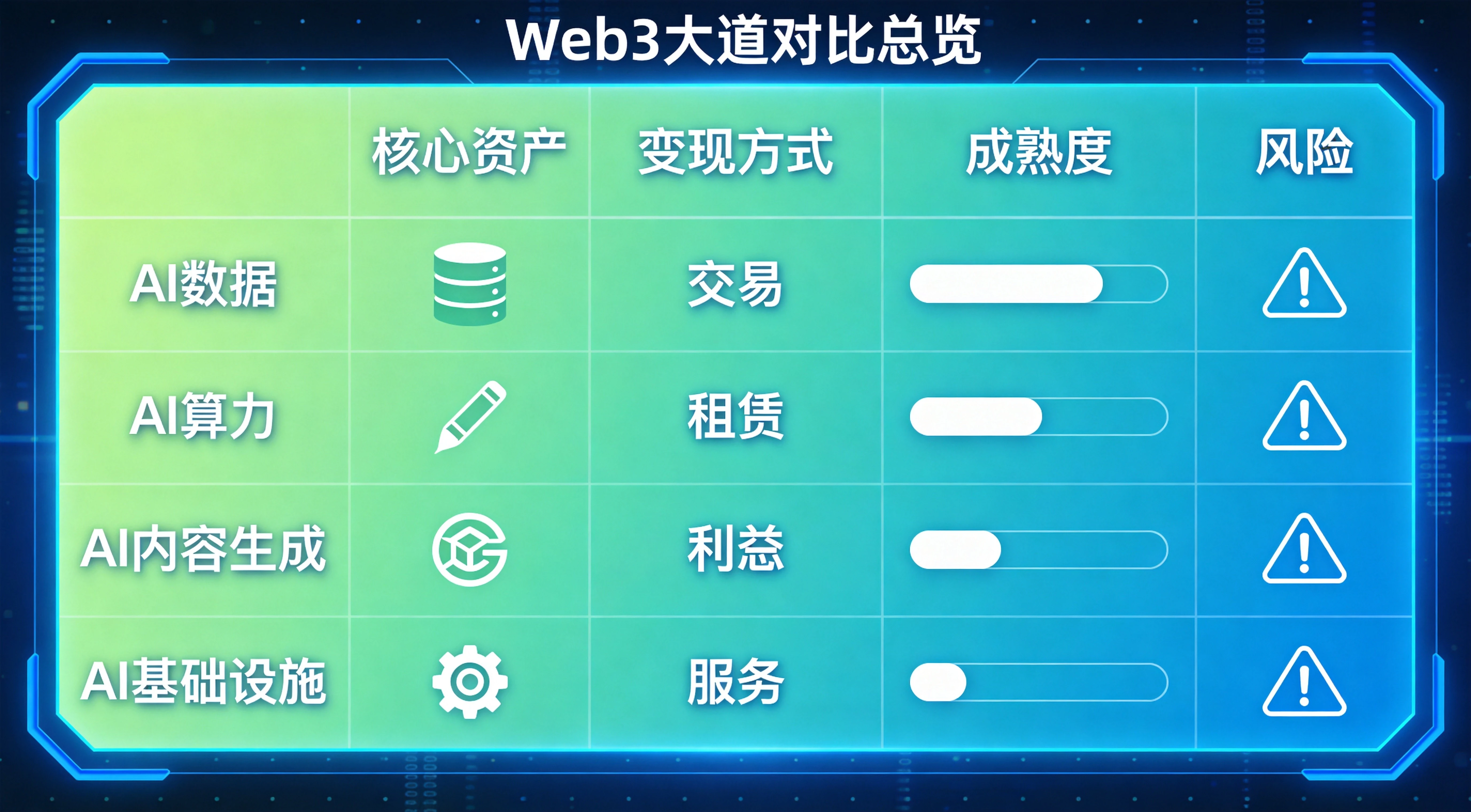 区块链五大赛道对比总览图,以直观可视化表格形式呈现五个赛道的核心资产、变现方式、成熟度、风险四个维度的对比信息,帮助读者快速区分不同赛道的差异与特点 区块链五大赛道对比总览图,以直观可视化表格形式呈现五个赛道的核心资产、变现方式、成熟度、风险四个维度的对比信息,帮助读者快速区分不同赛道的差异与特点
